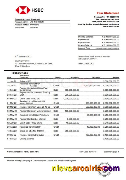 United Kingdom HSBC bank statement Word and PDF, version 2